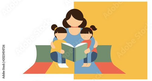 Mother reading to two children flat vector illustration on transparent background