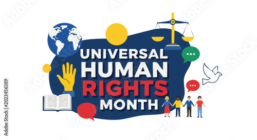 Universal Human Rights Month logo in colorful vibrant lighting with flat design for social justice campaign