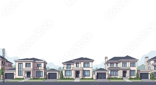 Fotografie Suburban Residential Street with Modern Houses and Garages