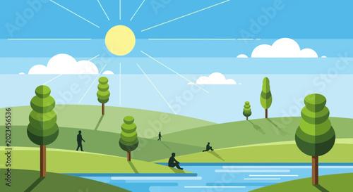 Sunny day in a green landscape with a lake and people relaxing