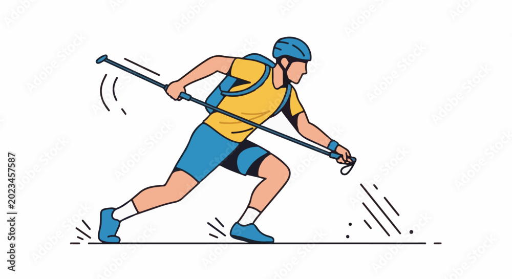 Fototapeta premium Cartoon man cross-country skiing with poles, helmet, and backpack