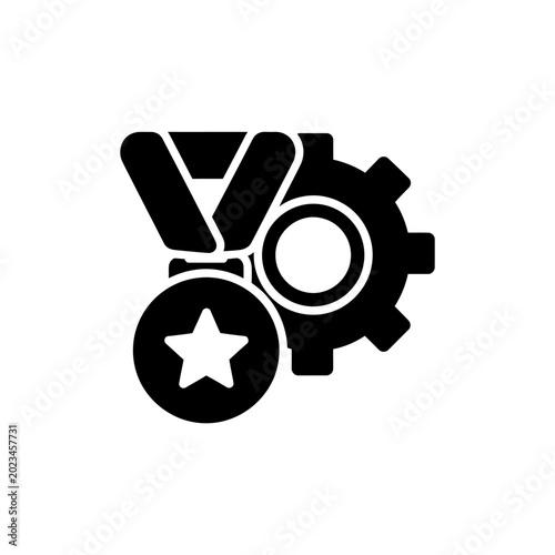 Black silhouette medal and gear icon for technical merit.