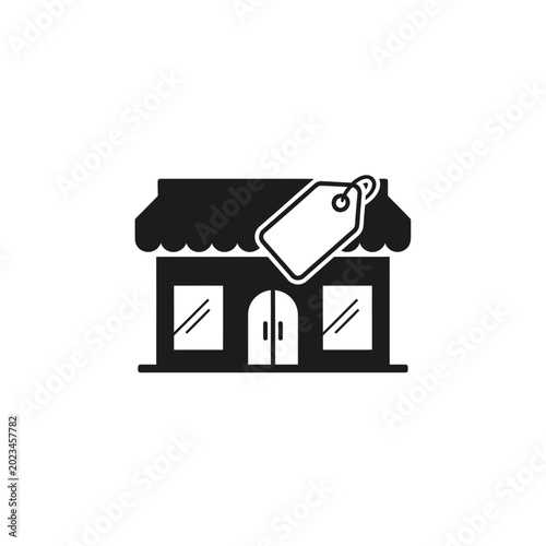 Black storefront icon with price tag on roof.