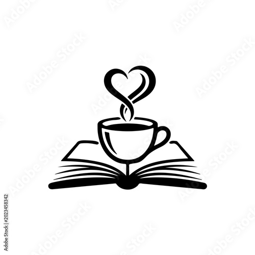 Coffee cup logo design with open book and heart shaped steam isolated on white background