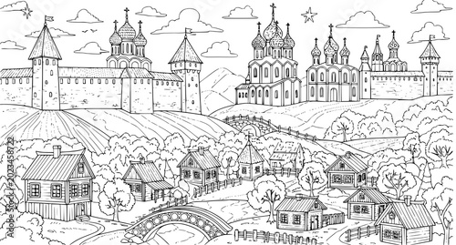 Konstfotografi Fairy tale medieval Russian town coloring page vector with castle church and doo