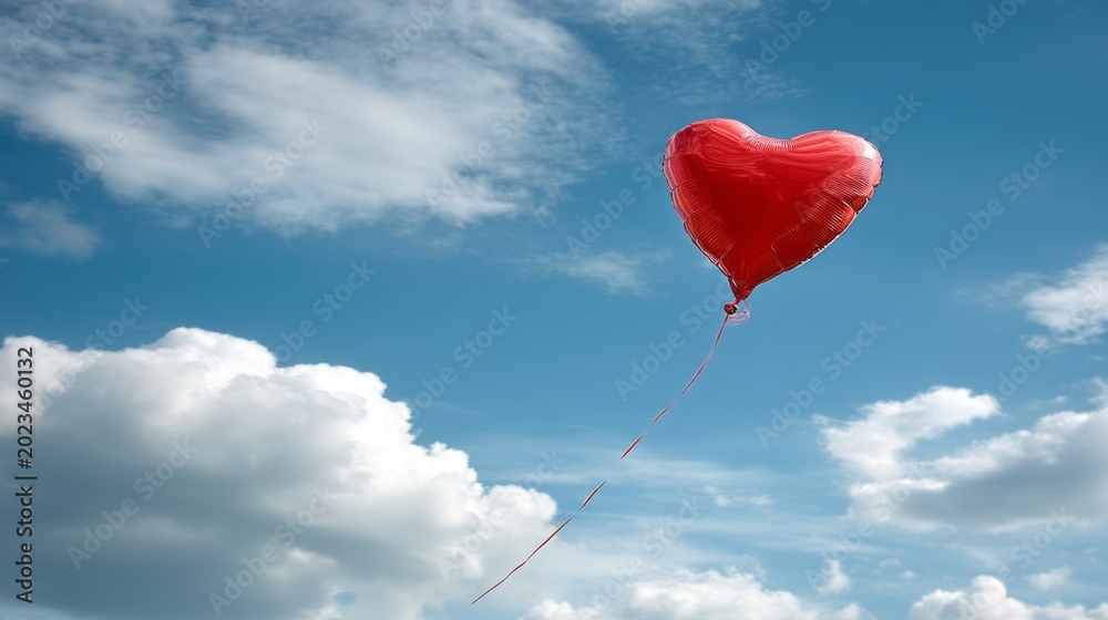 Fototapeta premium A vibrant red heart-shaped balloon glides gently through the air, soaring high above cotton-like clouds on a beautiful day. The sheer joy of the moment captures the essence of love and freedom.