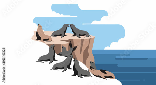 A group of seals congregating on a rocky outcrop by the ocean