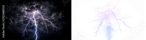 Photos Powerful lightning bolt strikes through dark stormy clouds, electrifying sky wit