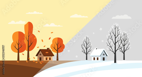 Quadro su tela Autumn to Winter Seasons Change Landscape with Houses and Trees, Flat Design