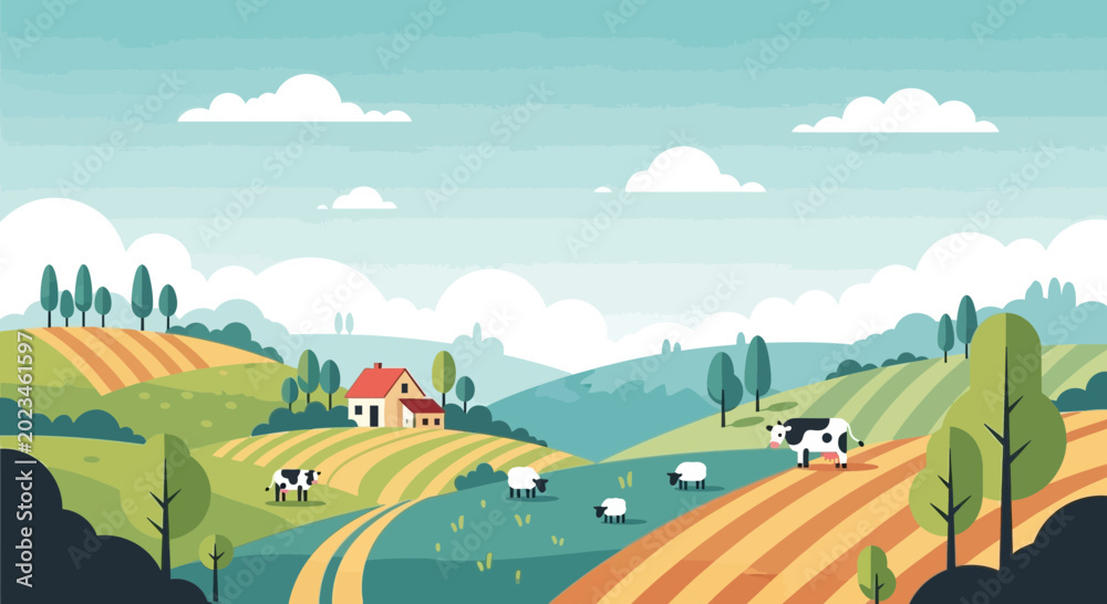 Obraz premium Pastoral Landscape: Rolling Hills, Farmhouse, Sheep, Cows, Cultivated Fields, Blue Sky