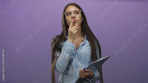 Quadro su tela Teenage girl holding clipboard and touching finger to lips while later pointing forward in a purple studio; thoughtful decision