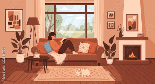 Bild auf Leinwand Cozy living room scene with woman reading on sofa, fireplace, and sleeping cat