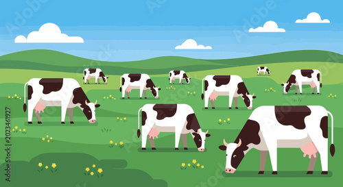 Bild auf Leinwand Herd of Black and White Cows Grazing in a Lush Green Meadow Under Blue Sky