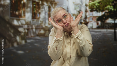Bilde på lerret Middle aged woman with hands on cheeks and tongue out on city street wearing glasses and beige shirt, playful pose; silliness spontaneity joy