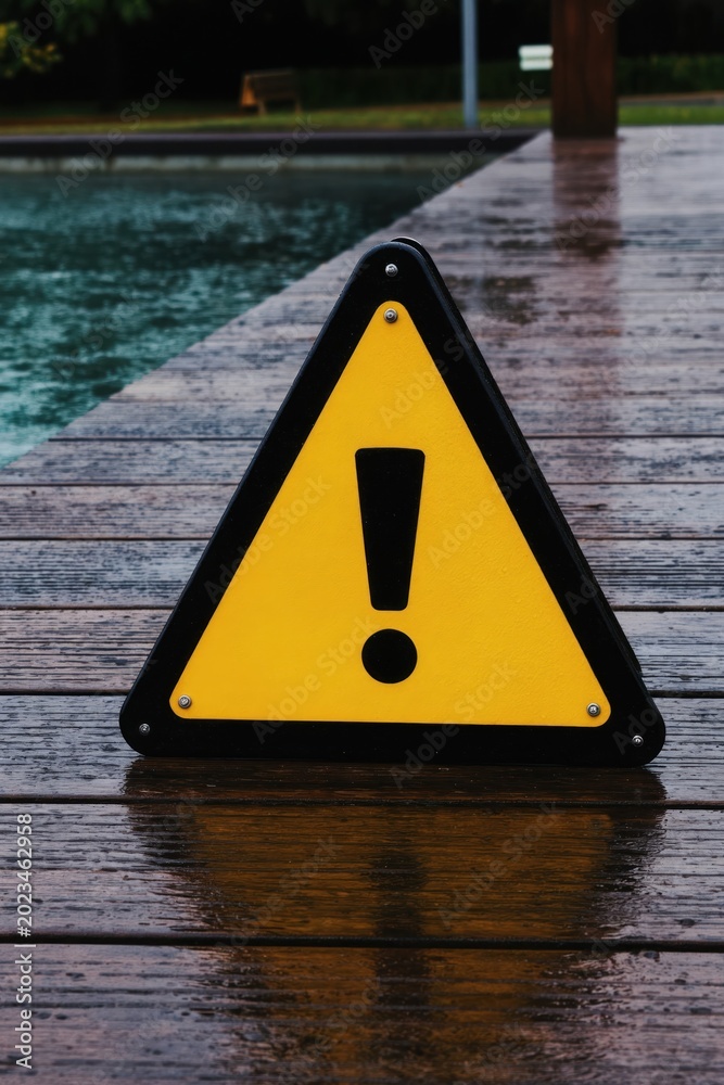 Obraz premium Yellow triangular warning sign with exclamation mark placed on wet wooden pier near water. Sign alerts for slippery surface on rainy day. Safety caution in public park area.