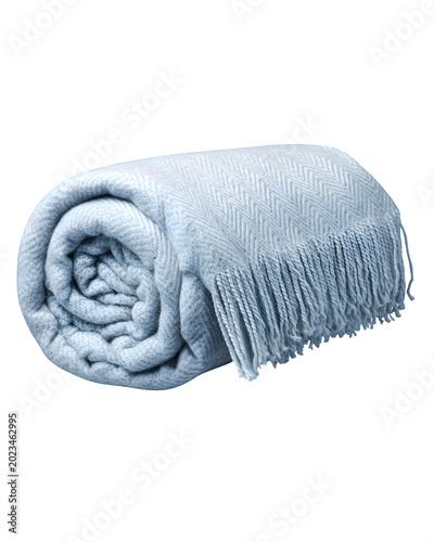Soft blue herringbone pattern wool throw blanket rolled up tightly for display on transparent background