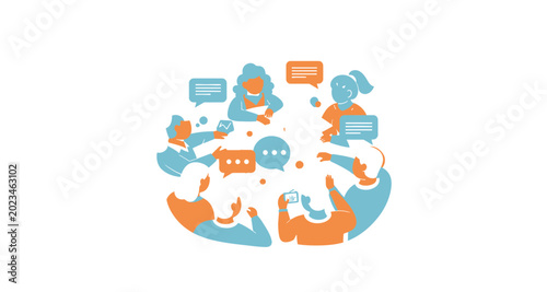 Team collaboration illustration with speech bubbles on transparent background