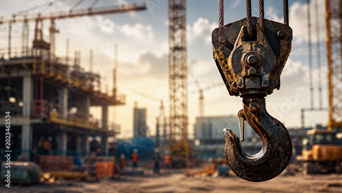 Close up of a heavy industrial crane hook on a blurred construction site background with copy space for text