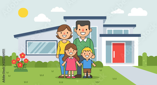 Konstfotografi Happy Cartoon Family Poses in Front of Modern House with Sunny Sky