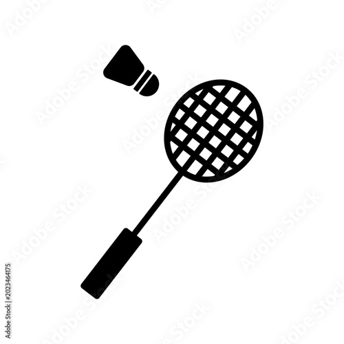 Badminton racket and shuttlecock silhouette icon isolated on white background