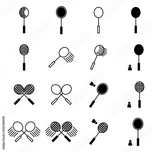 Minimalist badminton sports icon set featuring various styles of rackets, shuttlecocks, and swinging motion effects.