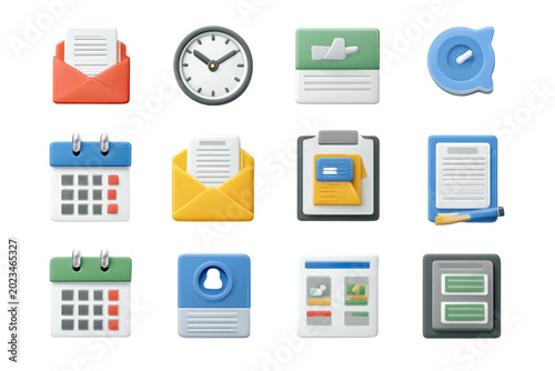A collection of colorful icons representing various office and productivity tools on a black background
