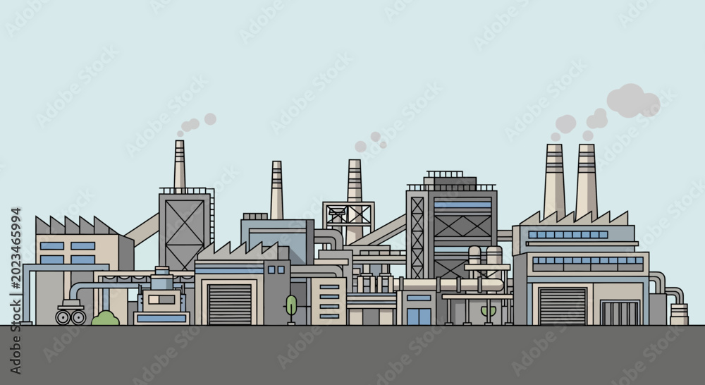 Obraz premium Industrial factory complex with smoke from chimneys, illustration, clean energy concept