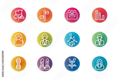 A collection of colorful icons representing various scientific and medical concepts on a black background