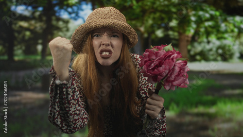 Принти на полотні Redhead woman wearing straw hat and floral dress, clenched right fist raised while holding a large pink bouquet in a sunlit forest, scowling with bared teeth; defiance protest
