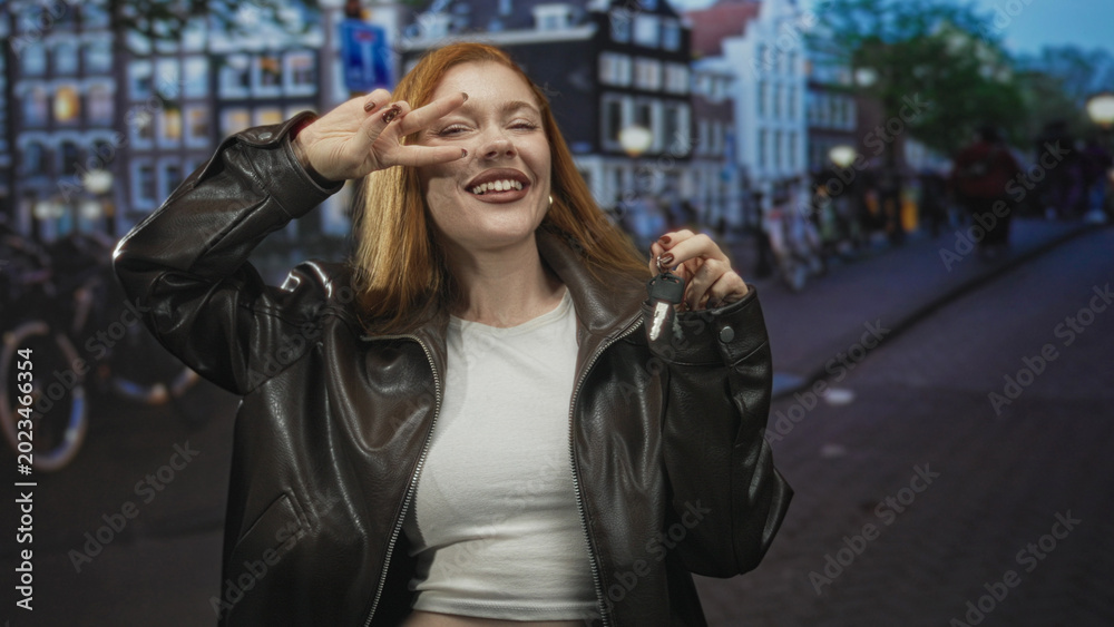 Fototapeta premium Redhead woman flashing peace sign and holding keys on a busy european street, smiling and laughing in a leather jacket; carefree joy.