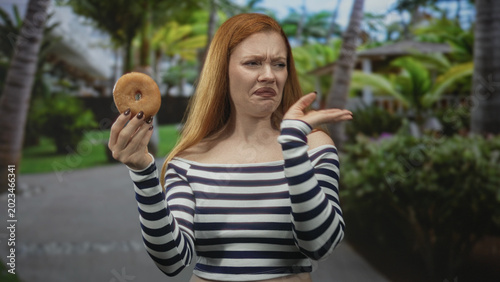 Tableau sur toile Young woman holding donut and grimacing, holds pastry in one hand with off shoulder top on a street lined with palms and resort bungalows; disgust rejection