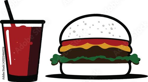 Cheeseburger and cola drink colorful fast food vector illustration.