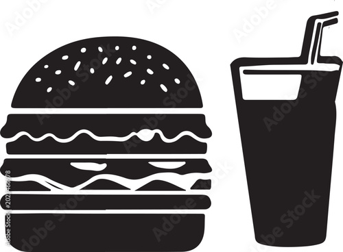 Classic burger and soda drink black and white simple icon illustration.
