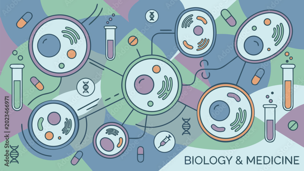 Fototapeta premium Abstract Biology and Medicine Background Featuring Stylized Microscopic Cells, DNA Helixes, Laboratory Test Tubes, Pills, and Syringes. Flat Vector Illustration for Science and Healthcare Design.