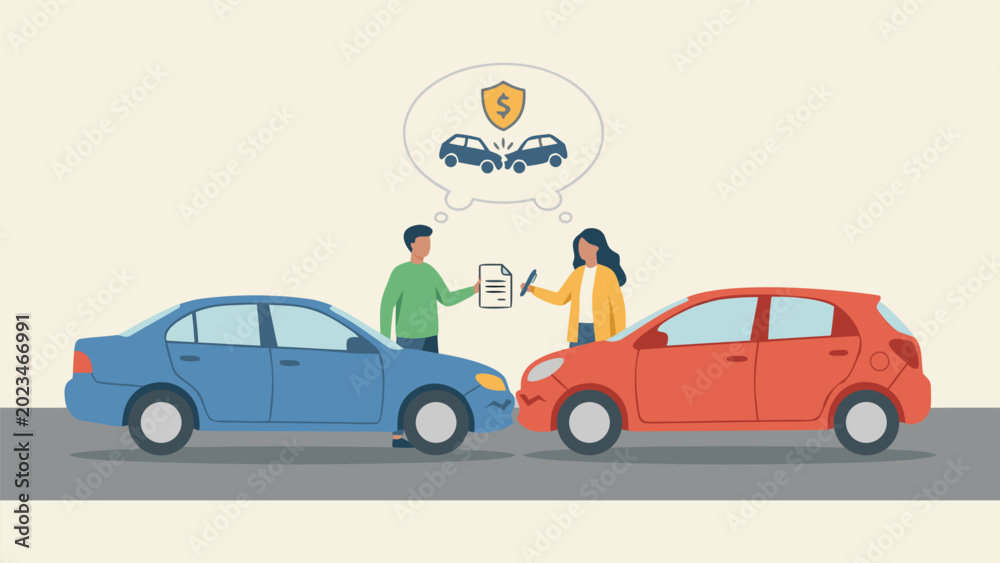 Obraz premium Two drivers exchanging insurance information after a minor car accident fender bender. Flat vector illustration of a man and woman with blue and red cars, claim form, and financial safety shield.