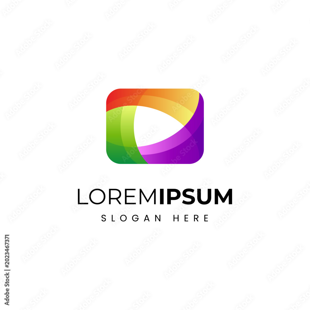 Fototapeta premium media play button icon logo with rectangular shape in colorful gradient color design style for music, video and app