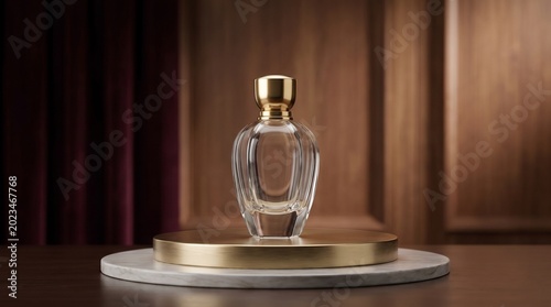 Elegant clear glass perfume bottle with gold accents on a marble pedestal
