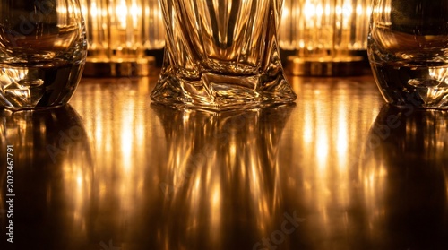 Elegant whiskey glasses reflecting warm ambient light on a polished surface