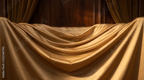 Luxurious golden fabric draped elegantly over a wooden background with subtle lighting