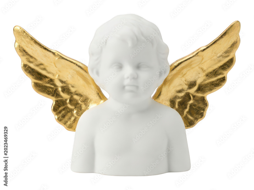 Fototapeta premium Porcelain cherub angel with gold wings isolated on transparent background