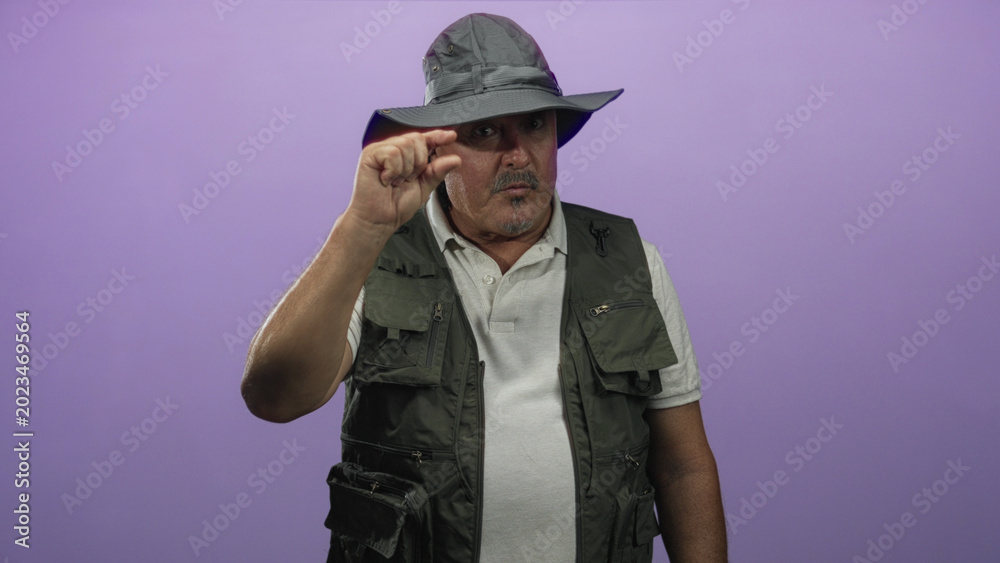 Fototapeta premium Man fisherman in hat and vest pinches fingers close to show small size while smiling in studio; contentment patience.