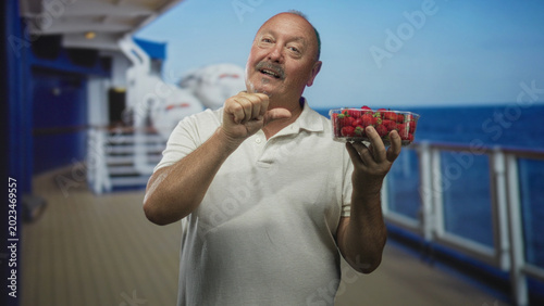 Slika na platnu Senior man holds clear plastic punnet of strawberries while pointing thumb at his chest against a cruise ship deck backdrop in studio; joy