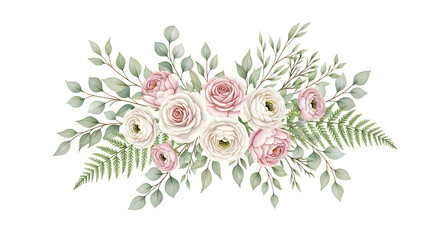 Watercolor floral garland with pink roses, ranunculus and eucalyptus leaves on white background.