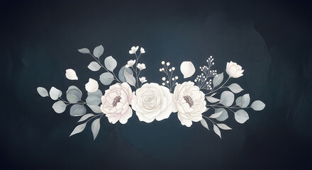 Elegant white roses and eucalyptus leaves floral arrangement on dark background.