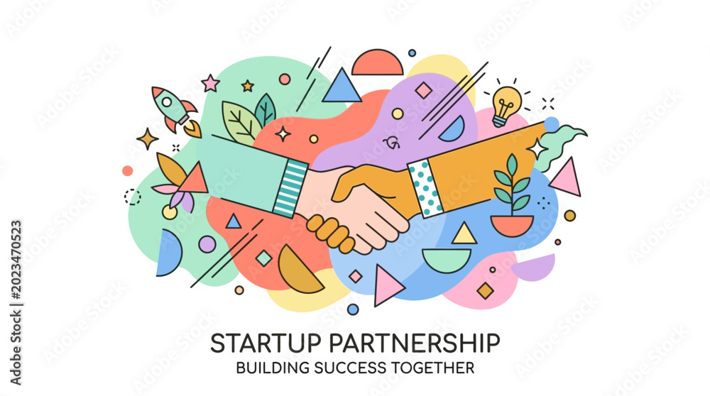 Obraz premium Startup partnership handshake with colorful abstract shapes and symbols representing business success and collaboration