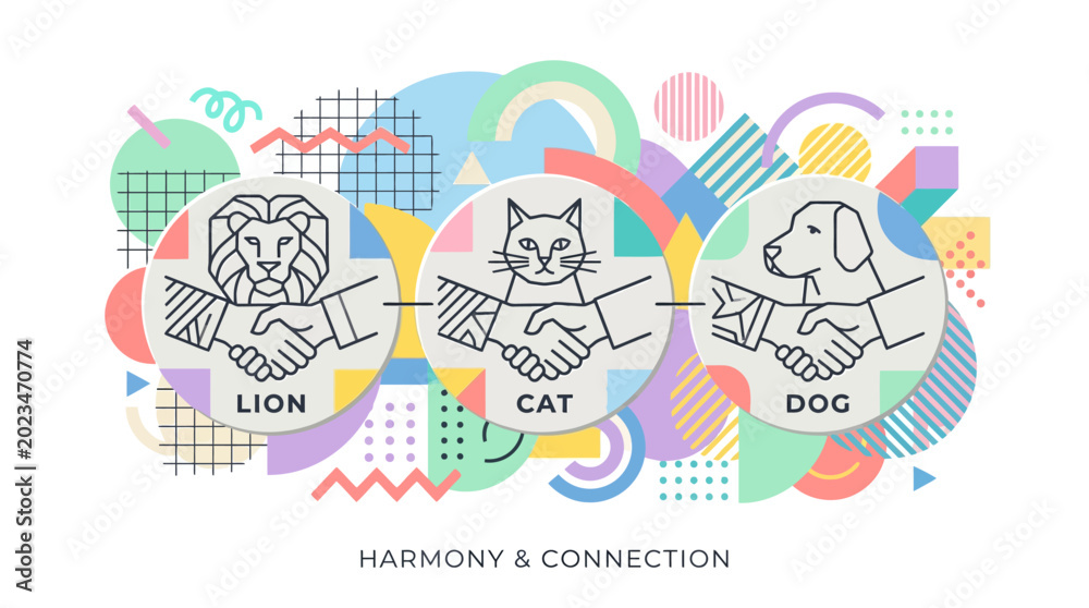 Obraz premium Animals shaking hands in harmony with colorful geometric background and urban feel