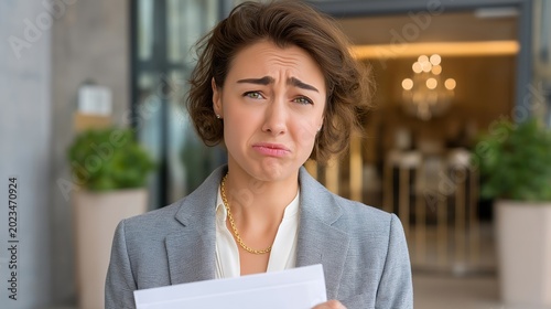 Short term rental neighbor holding city ordinance printout at doorstep of management company office, frustrated community member, vacation rental regulation complaint, candlelit lobby visible