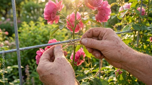 A gardener prunes a rose bush on a sunny summer day in a lush garden with green leaves and vibrant pink flowers.
