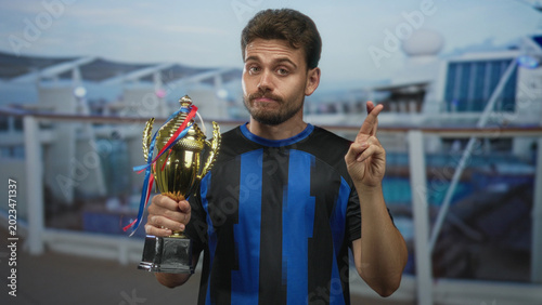 Foto Young hispanic man holding trophy and fingers crossed, shrugging on building deck overlooking ocean; wry indifference