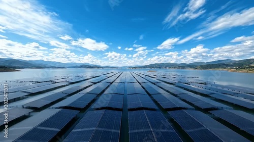 Aerial drone flying over modern solar panels floating on blue lake